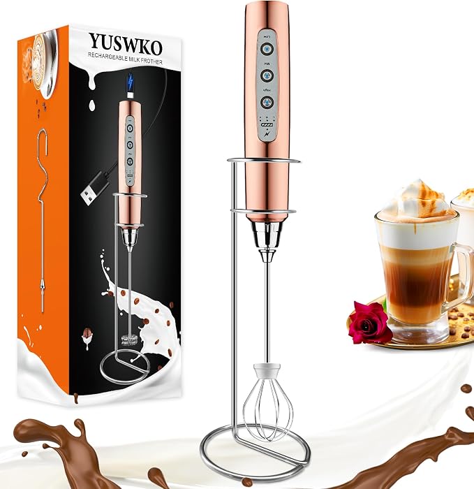 YUSWKO Handheld Milk Frother Wand for Coffee, Rechargeable Electric Whisk with 3 Heads 3 Speeds Drink Mixer Coffee Frother For Latte, Cappuccino, Hot Chocolate, Egg, Rose Gold with Holder