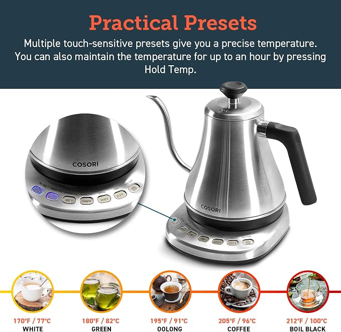 Cosori Gooseneck Electric Kettle with Temperature Control, 0.8L, Silver | No Plastic Contact with Water, 5 Presets, 60-Min Keep Warm, Pour Over Coffee & Tea, Stainless Steel Interior, 1200W