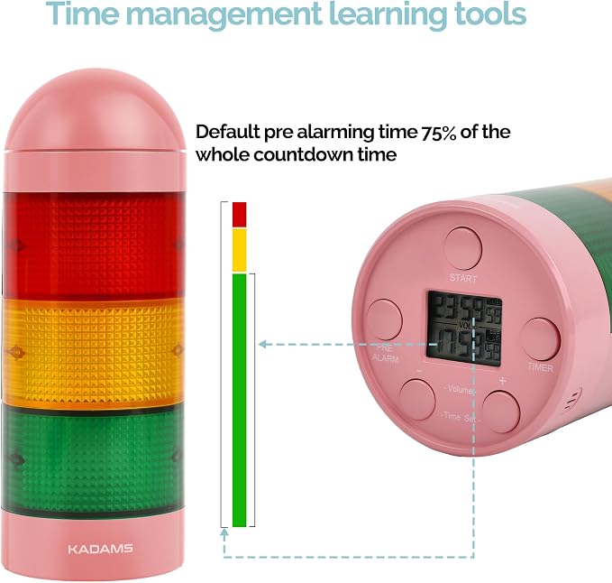 KADAMS Visual Timer for Kids with Pre-Alarm, Traffic Light Countdown Timer for ADHD Toddlers Classroom 24H Digital Timer, 5 Volume Levels Mute Pause Memory for Homework Learning Home Routine
