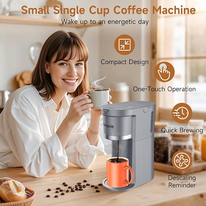 Small Single Serve Coffee Maker, One Cup Coffee Machine for K-Cup & Grounds | Portable Pod Coffee Maker, Fast Brew, 6 to 12 oz. Brew Sizes, One Button Design, Easy for Elder to Use, Space Saving, Black