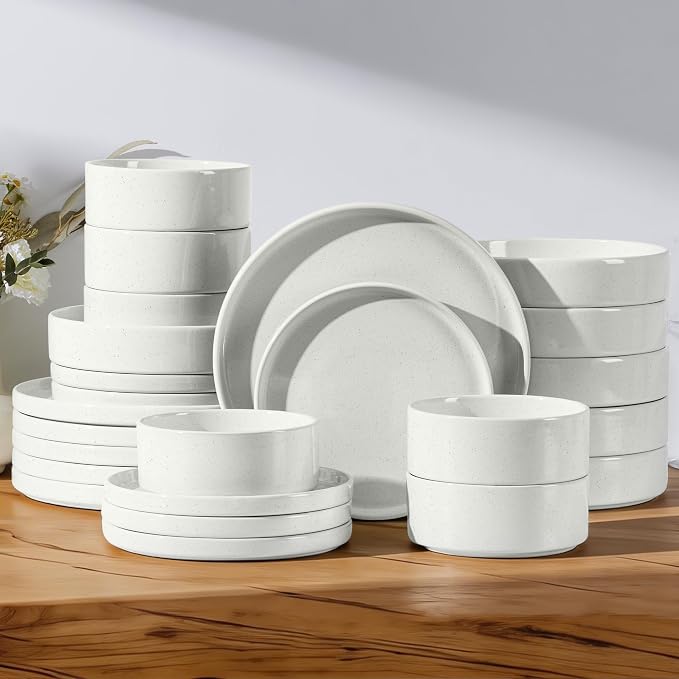 E-far Dinnerware Sets with Pasta Bowls, 24-Piece, Speckled White | Stoneware Plates and Bowls Sets for 6, Chip and Scratch Resistant, Microwave & Dishwasher Safe Kitchen Modern Dish Set