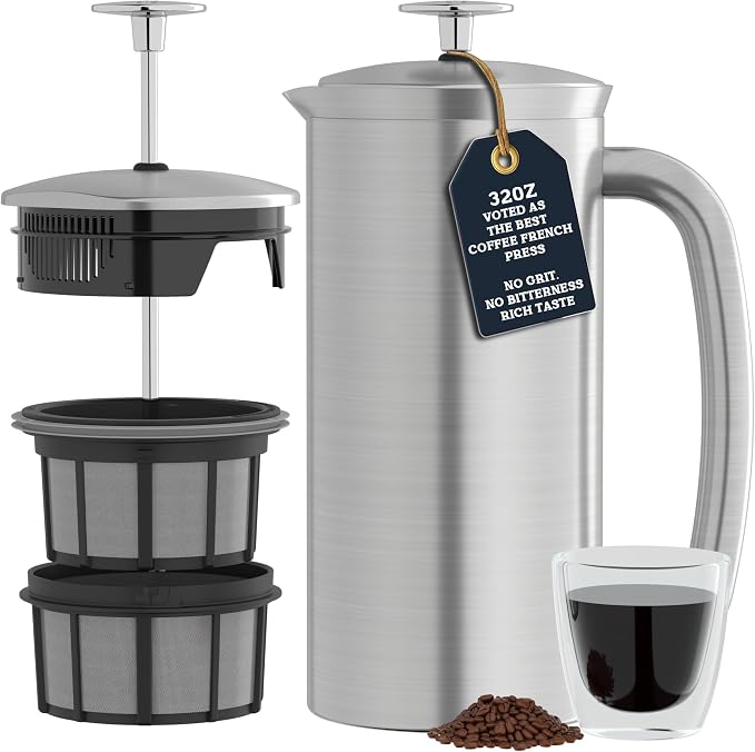 ESPRO P7 French Press, 32oz, Brushed, Stainless Steel Coffee Maker | Double Filter Coffee Press, Grit-Free Coffee, Heat Resistant Insulated tea Press, Easy Hot and Cold Coffee Brewer, Tea Brewer