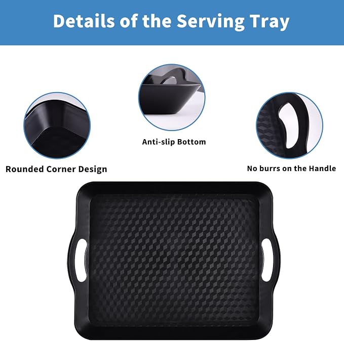 Plastic Tray with Handles, 2 Pack Multi-Purpose Rectangular Non Slip Restaurant Serving Trays Set for Parties, Coffee Table, Kitchen(9.5x14.6 inch) | Non-Slip Surface, Raised Edges, Lightweight Build, Easy Carrying, Restaurant, Coffee Table and Party Use