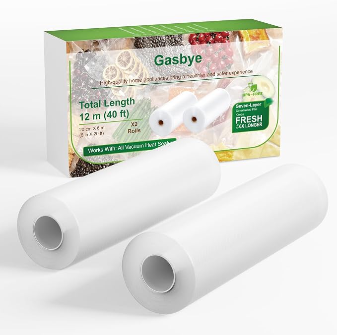 Vacuum Sealer Bags, 2 Pack 8" x 20' Rolls, BPA-Free Commercial Grade, Durable Customized Size for Airtight Food Storage, Meal Prep or Sous Vide Cooking