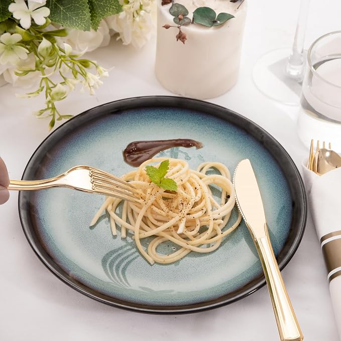 400PCS Pre Rolled Gold Plastic Silverware Set Heavy Duty for Wedding | Wrapped Utensils, Disposable Cutlery, 100 Pack, Durable and Sturdy, BPA free, Includes Napkins, for Party, Event Supplies
