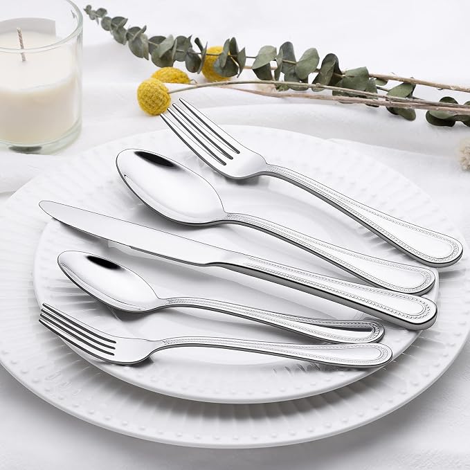 Terlulu 60-Piece Silverware Set for 12, Stainless Steel Flatware, Mirror Polished Cutlery Set, Utensils Include Spoons, Forks, Knives for Home, Restaurant, Beaded Handle, Dishwasher Safe