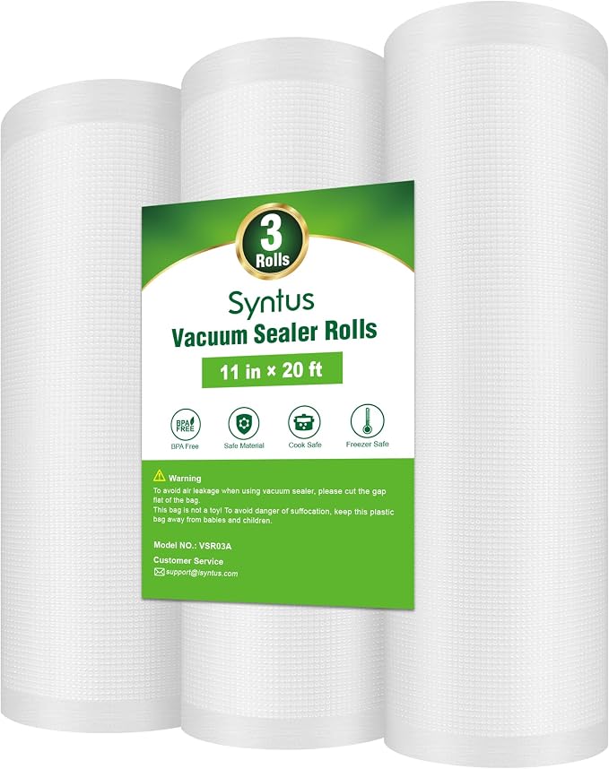 Syntus 3 Rolls 11" x 20' Vacuum Sealer Bags, BPA Free for Food Storage | 4mil Thick, Custom Length, Keep Food Fresh Longer, Freezer Microwave Sous Vide Cooking, Works with Most Vacuum Sealers