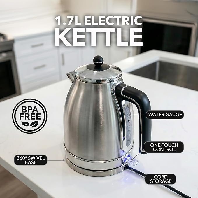 OVENTE 1.7L Stainless Steel Electric Kettle, 1500W Power, Silver KS777S | Fast Boiling Heater, BPA Free, Cordless Body Design, Auto Shut-Off, Boil-Dry Protection, Indicator Light and Removable Filter