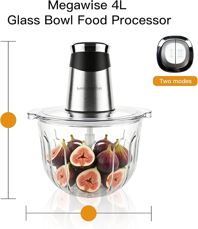 MEGAWISE Electric Food Processor, 1000W Meat Grinder & Vegetable Chopper with 4L Thick Glass Bowl, 4 Blades and Dual-Speed Food Chopper for Meat, Vegetables, Fruits, Nuts, and Baby Food