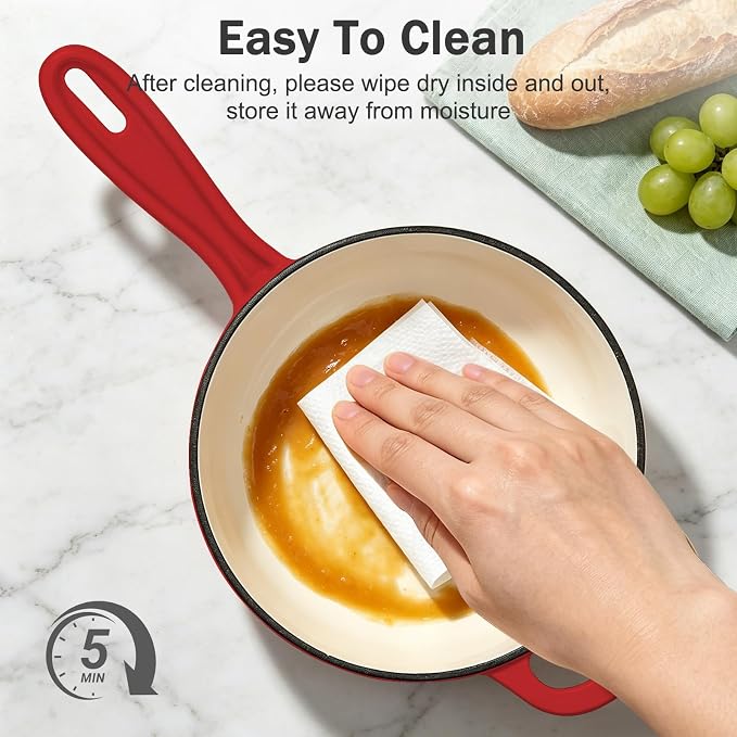 Enameled Cast Iron Sauce Pan with Lid, 2 Quart Saucepan with Lid | Dutch Oven with Lid, Small Cast Iron Pot for Cooking Pasta, Soup, Milk, Induction & Oven Safe Up to 500°F, Red