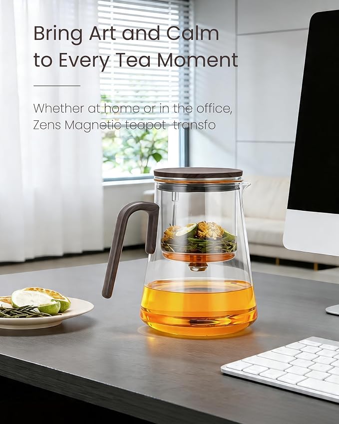 ZENS Magic Teapot with Infuser and Magnetic Lid for Loose Tea Maker, 34oz | Glass Magnetic Teapot, Echanted Tea Pot with Infusers for Loose Tea Steeper, Tea Lovers Gift, Black Walnut Pattern