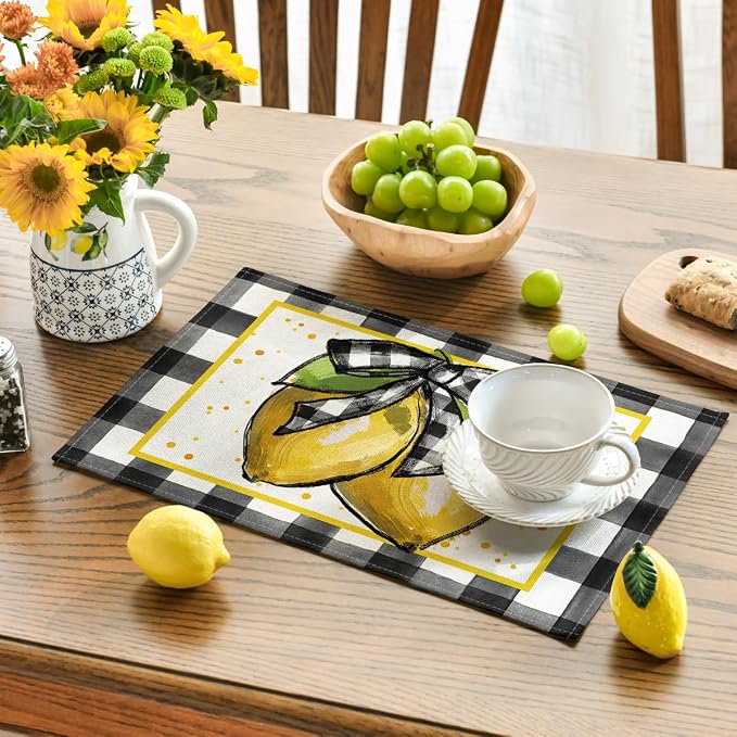 Artoid Mode Buffalo Plaid Lemon Placemats for Dining Table, 12 x 18 Inch Summer Seasonal Decoration Rustic Washable Table Mats Set of 4