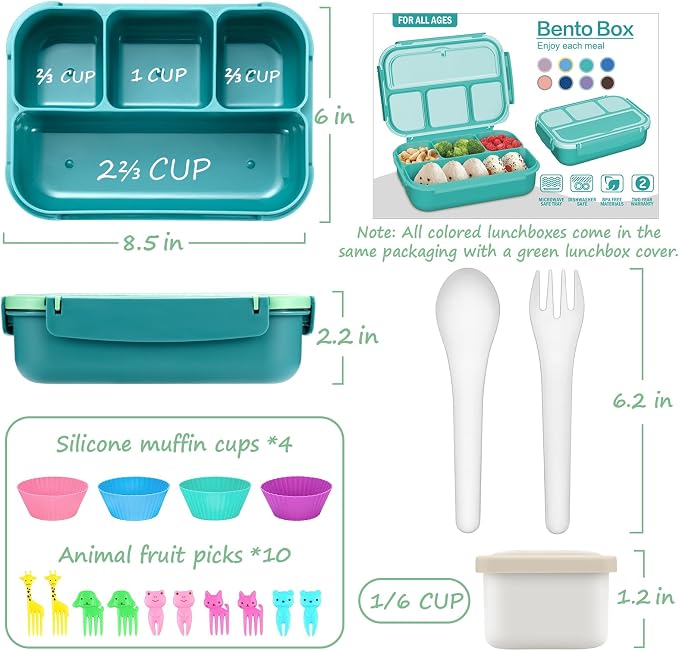 QQKO Bento Box for Kids Adults, School Toddler Lunch Box for Boys Girls, Lunch Box Containers with 4 Compartments, Sauce Container, Utensils, Food Picks and Muffin Cups for School, Green