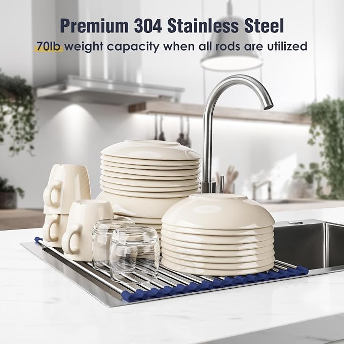 Tomorotec Roll Up Dish Drying Rack Over Sink, 304 Steel, 17.7x12.5, Indigo | Anti-Slip Silicone Rims For Grip, Heat-Resistant Trivet Mat Holding Heavy Cookware, Rustproof Kitchen Counter Space Saver