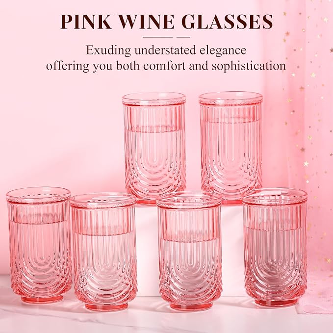 Pink Vintage Drinking Glasses Set of 6-17oz Hand-Blown Highball Ribbed Glassware, Arch Design Cocktail Glasses for Whiskey Water Beverages Ice Coffee Juice Milk