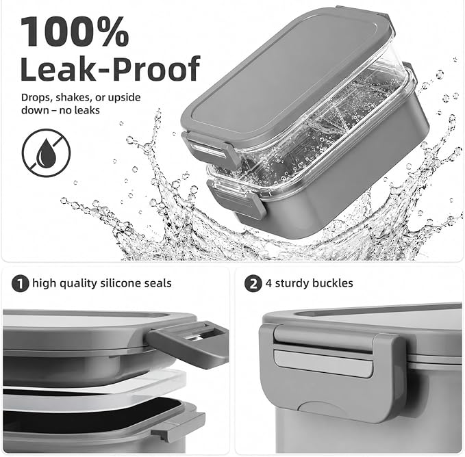 Adults Lunchbox Bento Box with Lunch Bag- 74 OZ All-in-One Stackable Lunch Box for Adults Kids Women Men Leakproof Bento Large Lunch Box Containers with Fork Spoon Sauce Box for Work School (Grey)