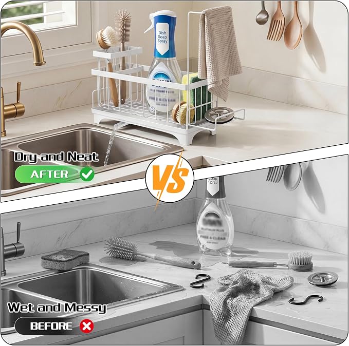 VOOWO Sponge Holder for Kitchen Sink, Compact Sink Caddy with Brush Holder | 304 Rustproof Stainless Steel Dish Soap Holder, Small Kitchen Sink Organizer, Self-Draining Dish Wand Holder with Towel Rack