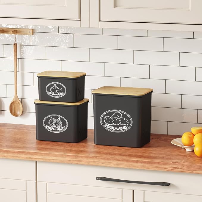 Lifewit Plastic Potato and Onion Storage Bin Box, Set of 3, Black | Stackable Garlic Keeper, Vegetable Container Box, Aerating Holes & Lid for Pantry Countertop