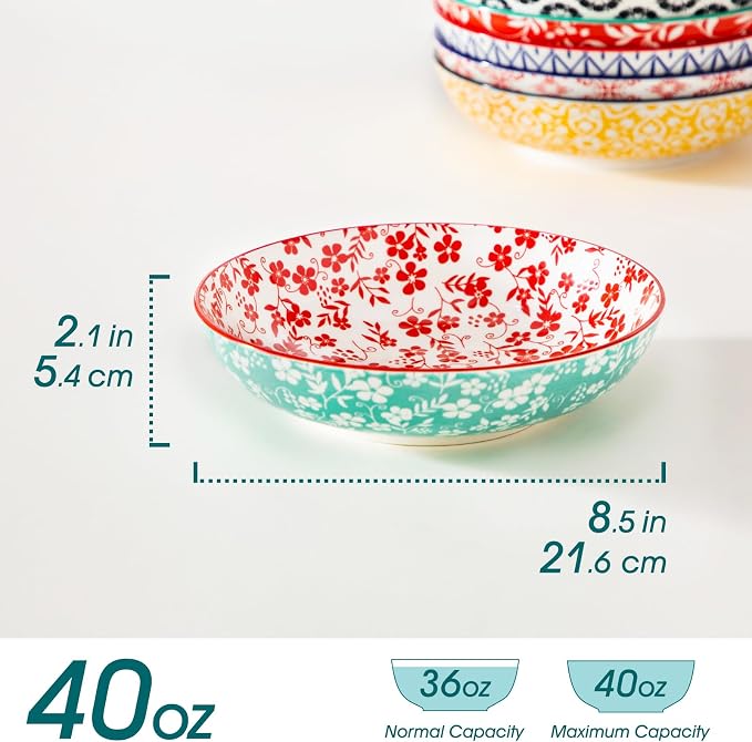 vancasso 8.5" Pasta Bowls Set of 6, 40 oz Porcelain Shallow Salad Bowls, Serving Bowls Pasta Dishes Plates Large Kitchen Bowl Plates, Vivid Floral Design, Microwave Safe, Series SELENE
