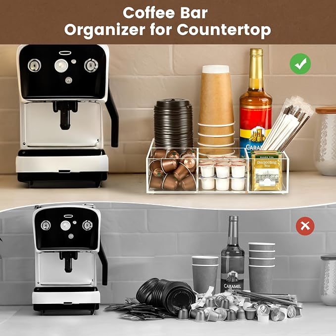 BEYGORM Acrylic Coffee Bar Station Organizer for Countertop | Office Breakroom Clear Snack Tea Storage Accessories Holder for Kcup Pod Condiment Cup Creamer Syrup, Gift for Coffee Lovers