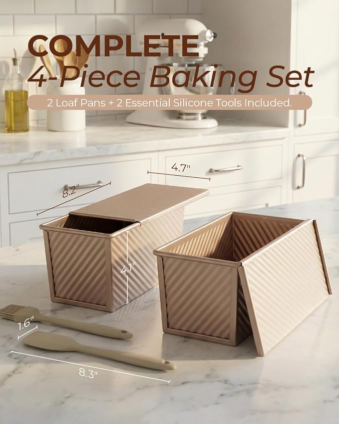 CARTMAN 2-Pack 1 LB Pullman Loaf Pan with Lid, Carbon Steel Set, Gold | Includes spatula & brush, 1 lb dough capacity, nonstick carbon steel, bottom vents, ideal for square bread & toast slices