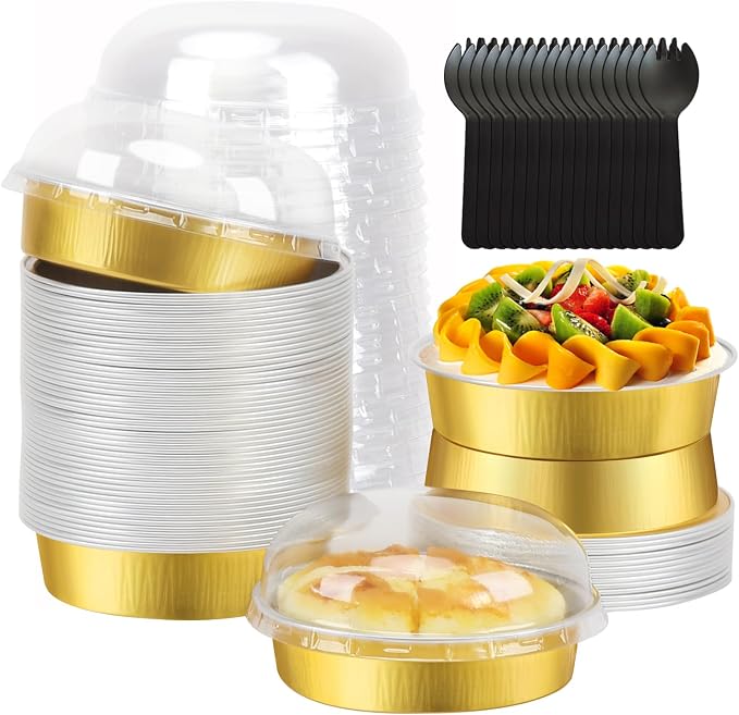 LNYZQUS 8oz Mini Pie Tins with Lids 50 Pack, 4 Inch Individual Cake Pans | Foil Disposable, Small Cake Tins, Mini Pie Containers, for Bake Sale Baking and Packaging, Round Gold