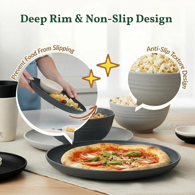 40 PCS Wheat Straw Dinnerwave Sets for 8 Unbreakable Plates and Bowls Sets with Cups & Saucers, Microwave Dishwasher Safe Dishes Sets for Kitchen, Camping, RV, Party, Stackable (Gery Stone)