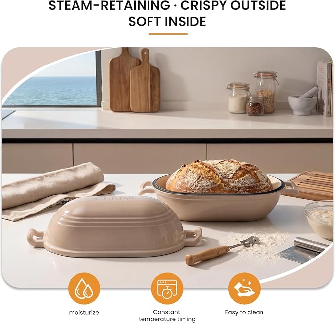 Enameled Cast Iron Dutch Oven for Sourdough Bread Baking,11 x 7 Inch Oval Cast Iron Bread Pan with Lid,Dutch Oven for Homemade Sourdough Baking,5 QT Meatloaf Pan,Oven Safe(Latte)