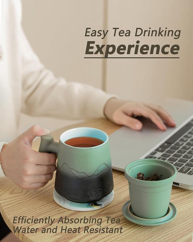 ZENS Tea Infuser Mug with Lid & Coaster, 15oz Loose Tea Diffusers, Moss | Embossed Ceramic Tea Cup with Infuser for Loose Leaf Tea Steeper, Tea Lovers Gifts, Nature Wood Handle