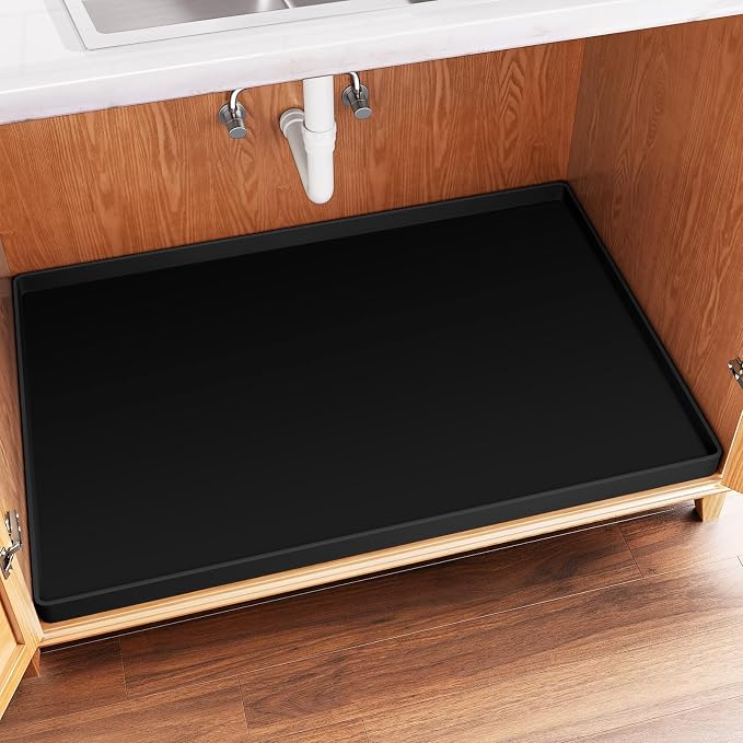 FLATO Waterproof Under Sink Mat, 34" x 19", Black | Shelf Liner for Kitchen and Bathroom, Cabinet Protector, Organizers and Storage, Flexible Silicone Drip Tray