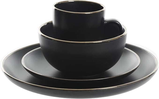 Gibson Home Rockaway 16-Piece Round Stoneware Dinnerware Set, Service for 4 – Black with Gold Rim Plates and Bowls, Microwave & Dishwasher Safe