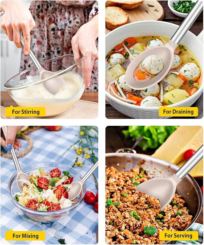 BUNDLEPRO Silicone Cooking Spoons for Non Stick Cookware, 2 Pack, KHAKI | Heat Resistant, Large Kitchen Spoons for Mixing, Serving, Draining, Stirring