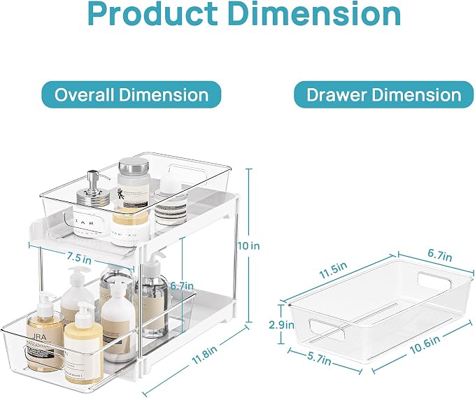 Vtopmart 2 Pack Pull Out Bathroom Under Sink Organizer (S-Standard, White) | Slide-out drawers, Multi-purpose storage, Clear visibility, Easy Set-up