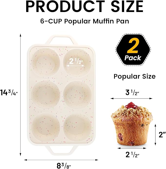 Vinino Jumbo Muffin Pan with Metal Reinforced Frame-2Pack, Silicone Cupcake Pan for Baking 6 Cup Jumbo Size, BPA Free Silicone Muffin Tray, Cupcake Baking Pan Molds for Oven Dishwasher Safe-Cream