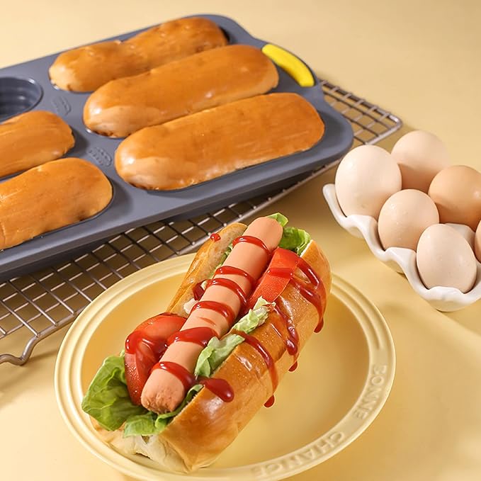 Silicone Bread Loaf Pan, Nonstick Baguette Bread Pan, 6-cavity | Food Grade Silicone Molds for Baking Hot Dog Buns Hoagie Rolls Sandwich, Sourdough Loaf Pan, Bread Pans for Homemade Bread