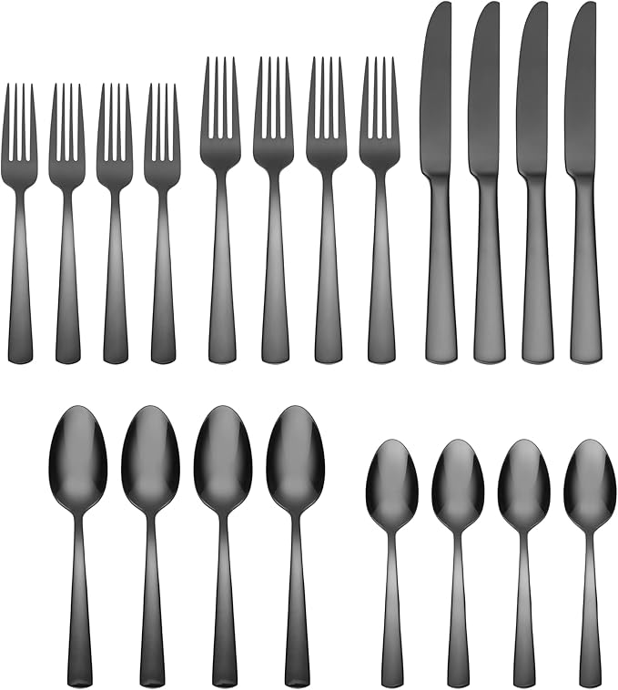 Oneida Aptitude Midnight Glossy 20-Piece Silverware Set for 4, Flatware | midnight, dishwasher safe | includes knives, forks, and spoons | heavy duty, cutlery set, utensil set