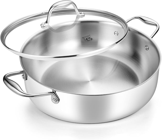 KOCH SYSTEME CS Tri-Ply Stainless Steel Saute Pan with Lid, 12 Inch Deep Frying Pan with Double Handles, 6 Quart 18/10 Stainless Steel Pan, Large Skillet, Induction Compatible, Oven Safe, Non Toxic