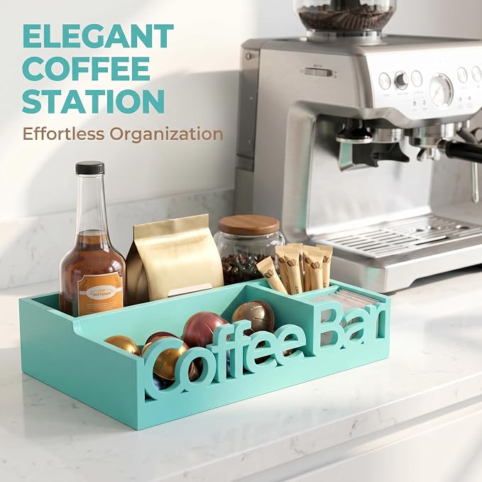 Coffee Bar Organizer Countertop, Wood Coffee Pod Holder & Condiment Caddy | Coffee Pods, Sugar Packets, Stir Sticks & Cups