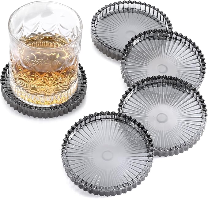 Modern Clear Coaster Set of 5- Glass Coasters for Drinks, Clear Black | Crystal Coasters Round Cup Mat Coffee Table Decor for Office, Kitchen, Bar, Dining Room, Living Room, Patio