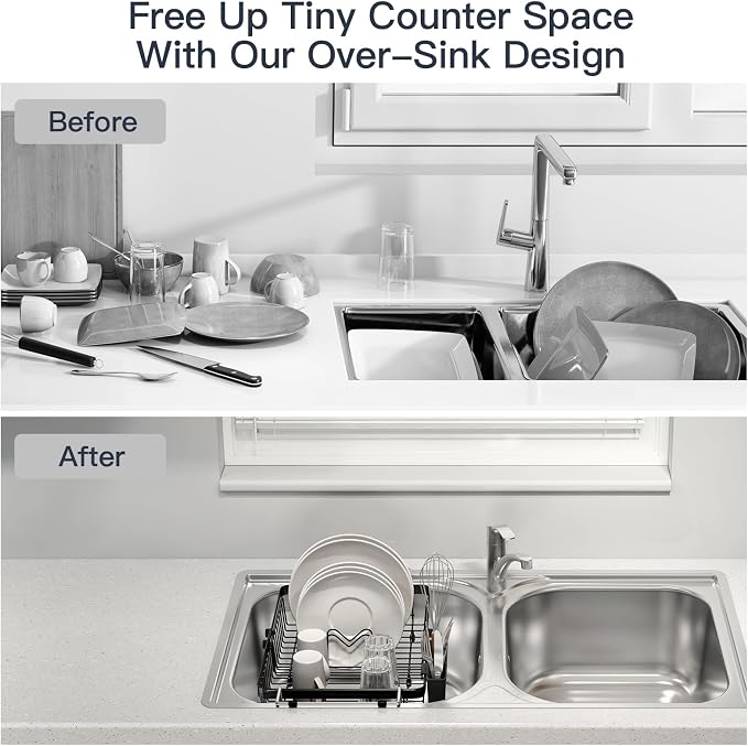 Dish Drying Rack Over The Sink with Utensil Holder, Mat | Expandable Stainless Steel Dish Drainer for Small Kitchen, Apartment, RV, Counter Space Saving, Perfect Fit, Rustproof