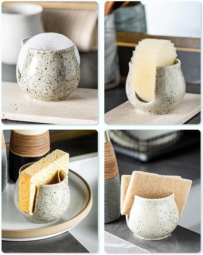 Zoeeker Sponge Holder for Kitchen Sink, Ceramic Dish Sponge Rack Sink Caddy | Kitchen Organizer Cute Scrubby Caddy Brush Holder Kitchen Storage Accessories Drying Holder for Countertop, Speckled Glaze
