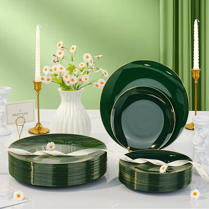 Bestluck 350PCS Green Plastic Dinnerware Set, Green Plastic Plates for 50 Guests, Include 100 Green Gold Plates with 150 Plastic Cutlery, 50 Napkins and 50 Cups