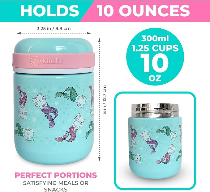 kinsho Bento Lunch Box Set with Thermo Bag & Ice Pack Pink Aqua Cat Mermaid | 5 Compartments, Removable Tray, Small Meal Snack Container for Kids Toddlers, Daycare Pre-School Kindergarten, Steel Food Jar