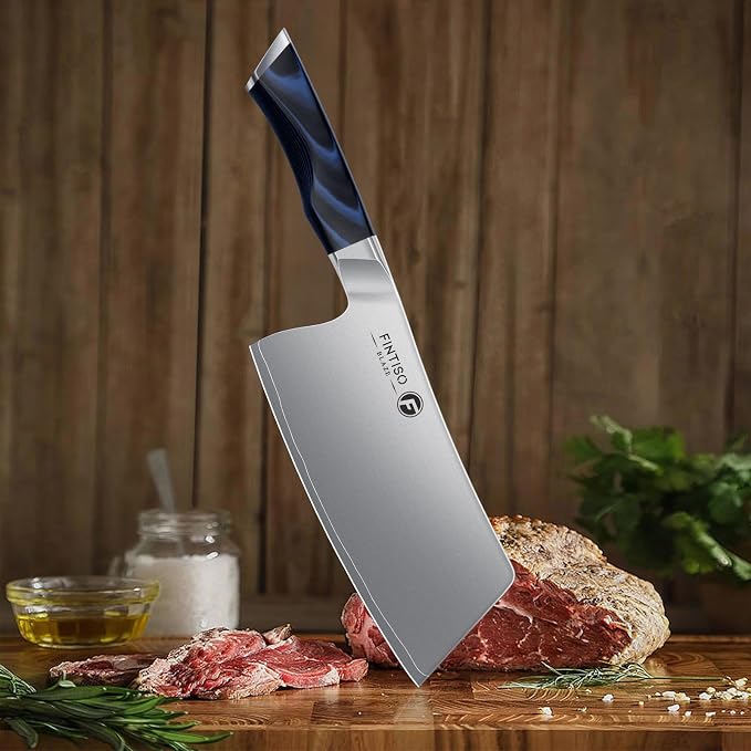 FINTISO Cleaver Knife 7 In, Kitchen Butcher Knife with G10 Ergonomic Handle, High Carbon Steel Vegetable Meat Cleaver, Heavy Duty Bone Chopper for Home and Restaurant