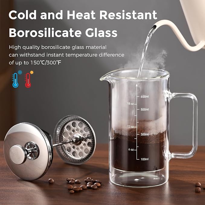 Bincoo French Press Coffee Maker 600ML,Double Wall Insulated Borolicate Glass French Press for Tea and Frothed Milk Press