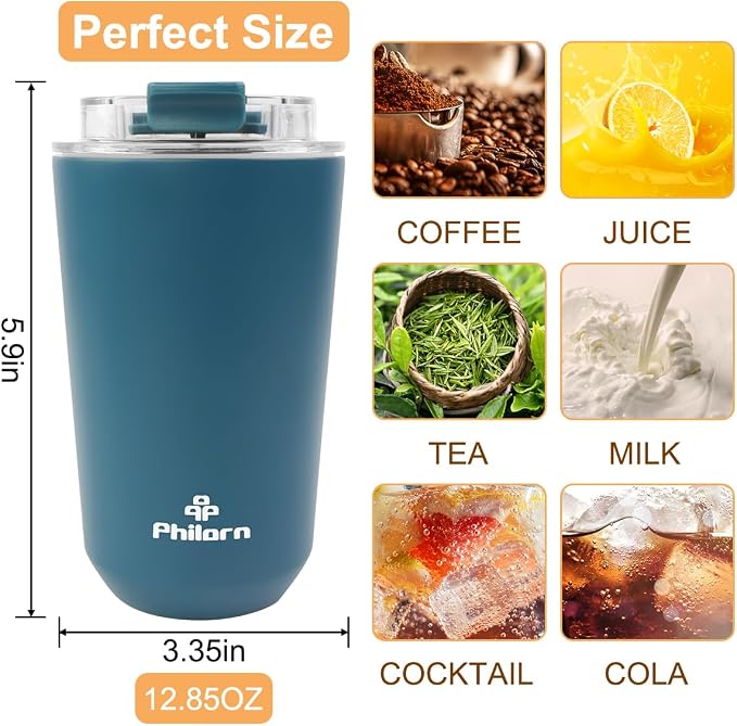PHILORN Coffee Mug with Lid, 12 OZ Travel Mug, Leak-proof to go Coffee Mug | Stainless Steel Thermal Coffee Mug with Double Wall, Insulated Coffee Tumbler for Men and Women for Hot & Cold Drinks