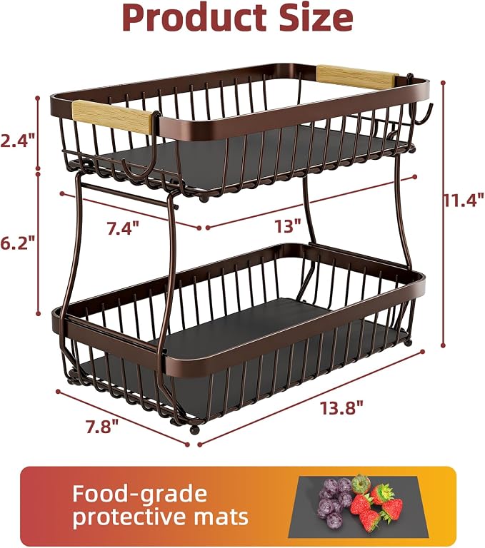 2-Tier Fruit Basket with Banana Hangers, Detachable Metal Bowl