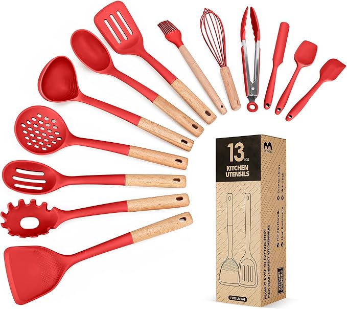 13PCS Silicone Kitchen Utensils Set for Nonstick Cookware, Red | Food Grade, Heat Resistant Kitchen Utensil Spatula Set, Wooden Handles Kitchen Gadgets Tools Set