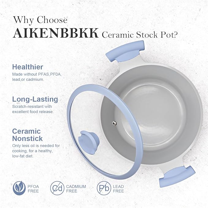 AIKENBBKK 7 Quart Stock Pot with Lid, Non Stick Cooking Pot, Ceramic Soup Pot Nonstick, Induction Cookware for Pasta,Soup,Spaghetti, Stay-Cool Handle, Suitable for All Stoves, PFAS-Free, Blue