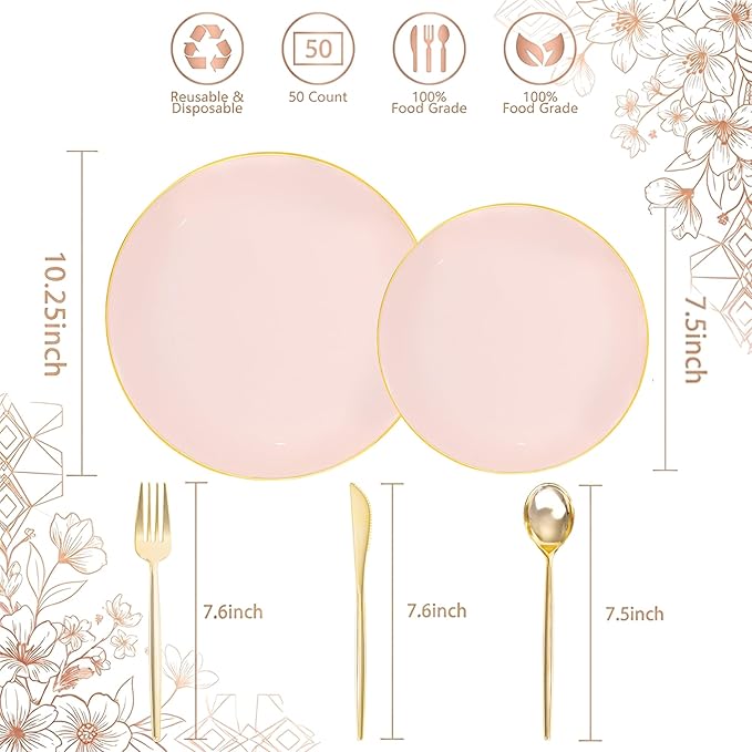 IOOOOO 150 PCS Pink Plastic Plates,Heavy Duty Pink Disposable Plates | Pink Plates Set Include 30 Pink Dinner Plates&30 Pink Dessert Plates,30 Gold Plastic Silverware Set for Wedding,Party